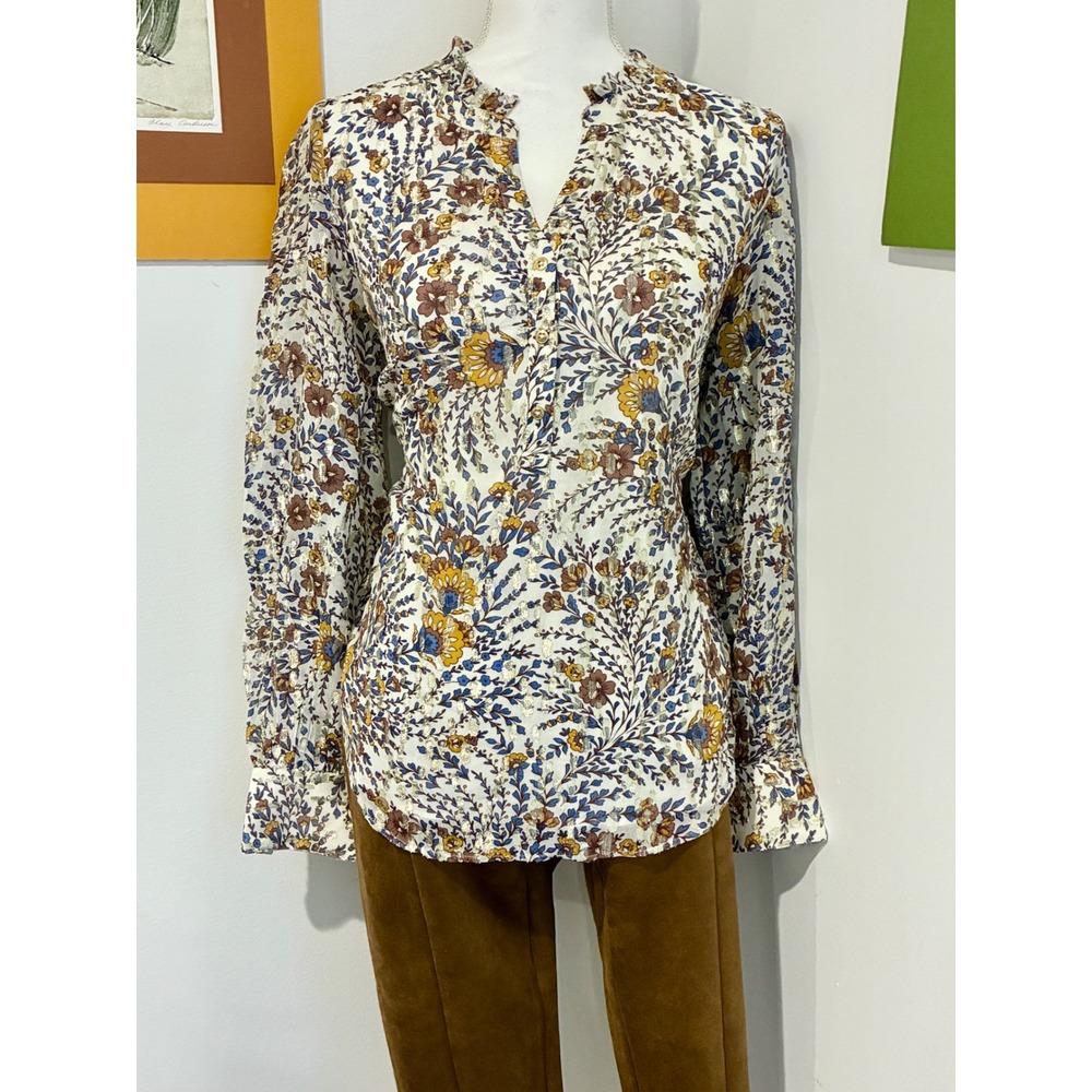 Talbots Small Floral Metallic Gold Blouse Boho Ruffle Neck Button Front